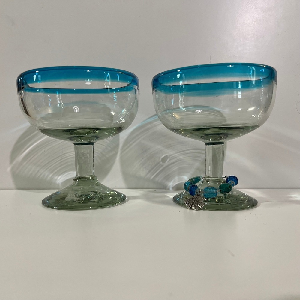 set of 6 Hand Blown‎ Margarita Glass Coupe Aqua Blue Rim Turquoise Mexico Beaded
